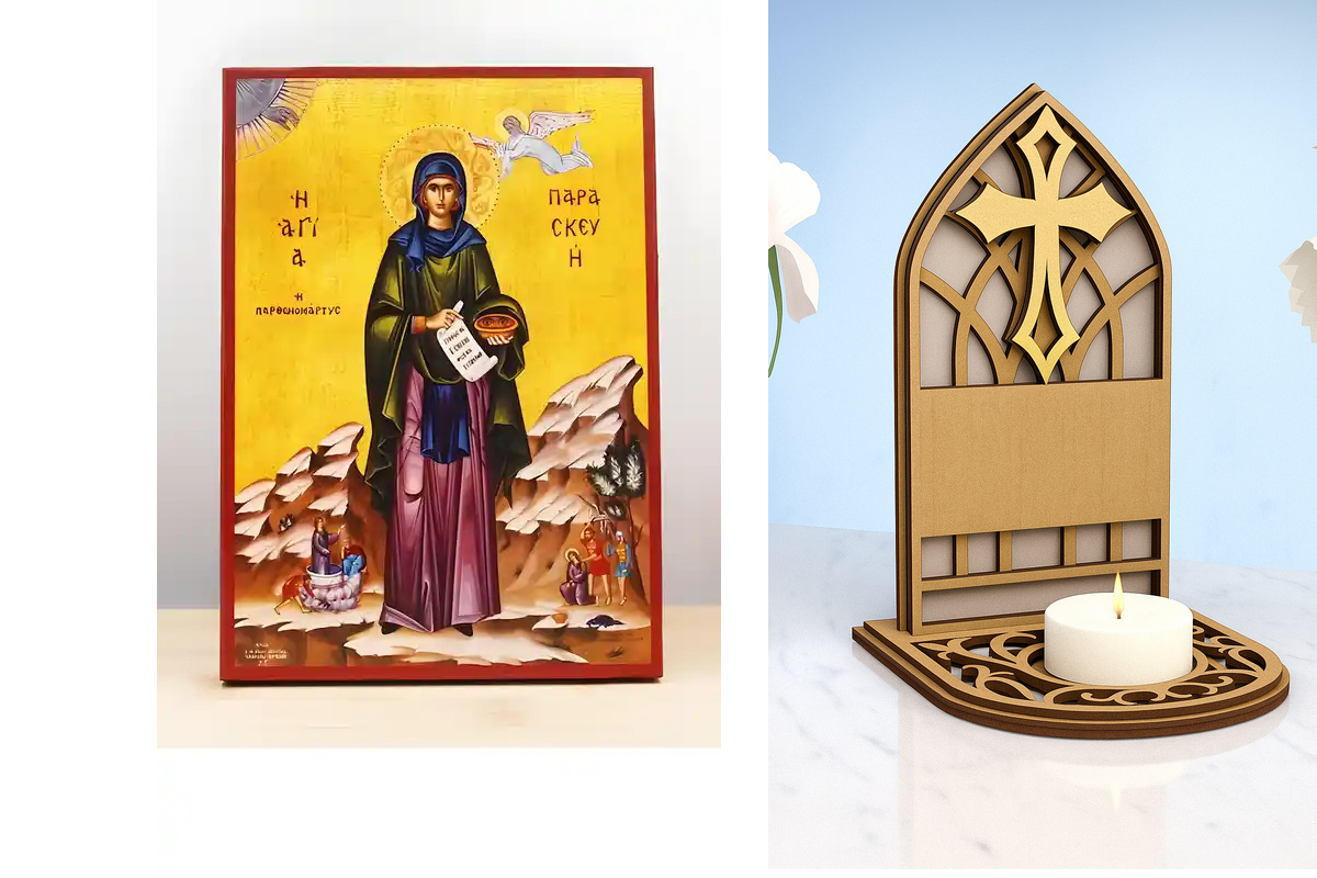 Εικόνα Ορθοδοξίας Καντηλάκι σε  8 χρώματα με περίγραμμα χρυσό σε ξύλο Plywood (Πλακάζ)   με  βάση Παρασκευή της Ρώμης Ολόσωμο, Ξύλινη Χειροποίητη Εικόνα Ελληνικού Premium Βυζαντινού Στυλ Κρεμασμένο σε ξύλινη πλάκα Χειροποίητη Ελληνορθόδοξη εικόνα του Ιησο