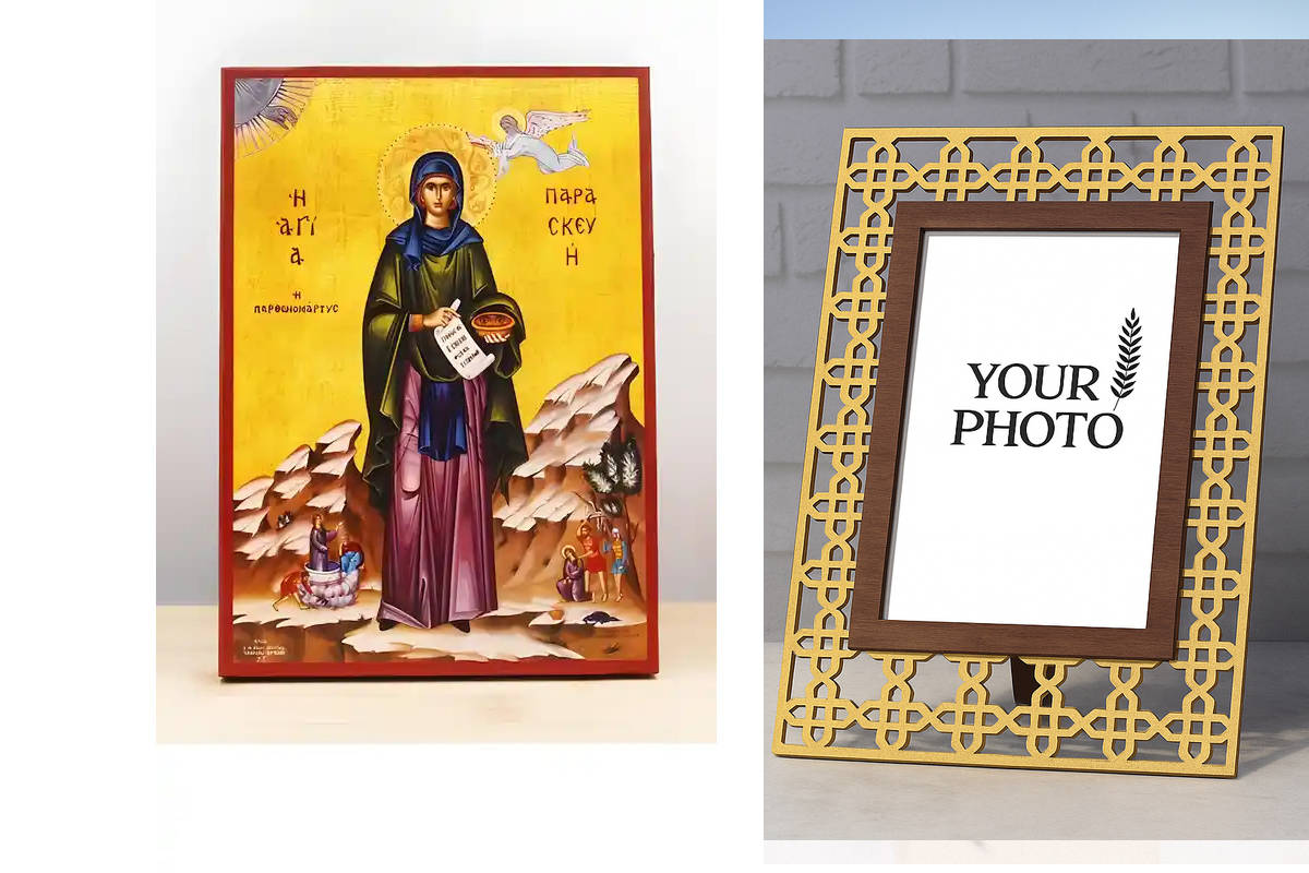 Εικόνα Ορθοδοξίας Πολυτελείας  με  σχεδιο Σταυρούς μαζι με  Βάση σε  8 χρώματα με περίγραμμα χρυσό σε ξύλο Plywood (Πλακάζ)   με  βάση Παρασκευή της Ρώμης Ολόσωμο, Ξύλινη Χειροποίητη Εικόνα Ελληνικού Premium Βυζαντινού Στυλ Κρεμασμένο σε ξύλινη πλάκα Χειρ