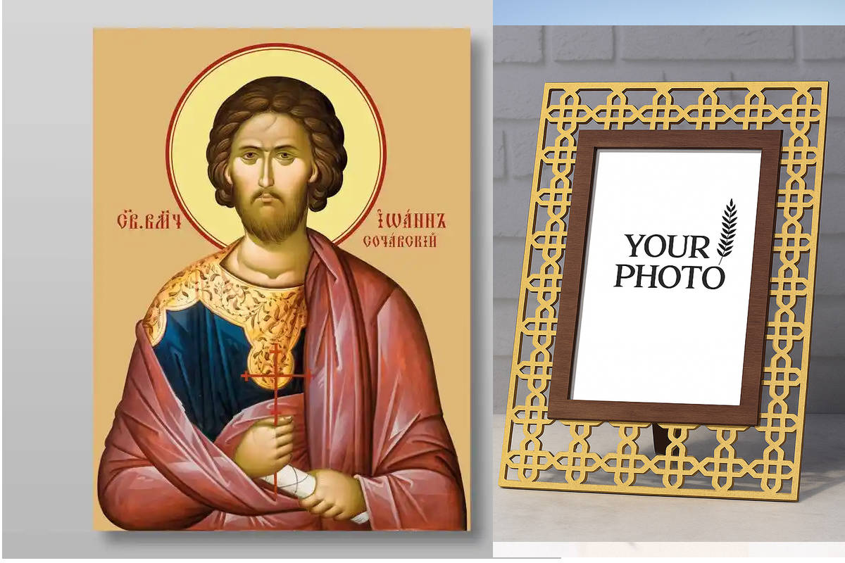 Εικόνα Ορθοδοξίας Πολυτελείας  με  σχεδιο Σταυρούς μαζι με  Βάση σε  8 χρώματα με περίγραμμα χρυσό σε ξύλο Plywood (Πλακάζ)   με  βάση Ιωάννης ο Νέος Σοχάβσκι μεγαλομάρτυρας, Χειροποίητη Ελληνορθόδοξη , Κρεμαστή πλάκα βυζαντινής τέχνης, χριστιανική τέχνη