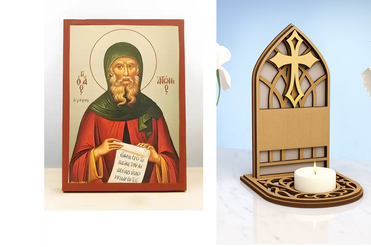 Εικόνα Ορθοδοξίας Καντηλάκι σε  8 χρώματα με περίγραμμα χρυσό σε ξύλο Plywood (Πλακάζ)   με  βάση Άγιος Αντώνιος ο Μέγας, Ξύλινη χειροποίητη εικόνα με χρυσό φύλλο θρησκευτικό θέμα Ελληνικό Premium Βυζαντινού ρυθμού Χειροποίητη Ελληνορθόδοξη εικόνα του Ιησ
