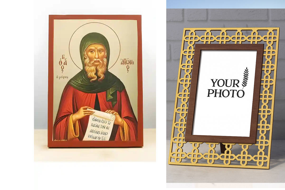 Εικόνα Ορθοδοξίας Πολυτελείας  με  σχεδιο Σταυρούς μαζι με  Βάση σε  8 χρώματα με περίγραμμα χρυσό σε ξύλο Plywood (Πλακάζ)   με  βάση Άγιος Αντώνιος ο Μέγας, Ξύλινη χειροποίητη εικόνα με χρυσό φύλλο θρησκευτικό θέμα Ελληνικό Premium Βυζαντινού ρυθμού Χει