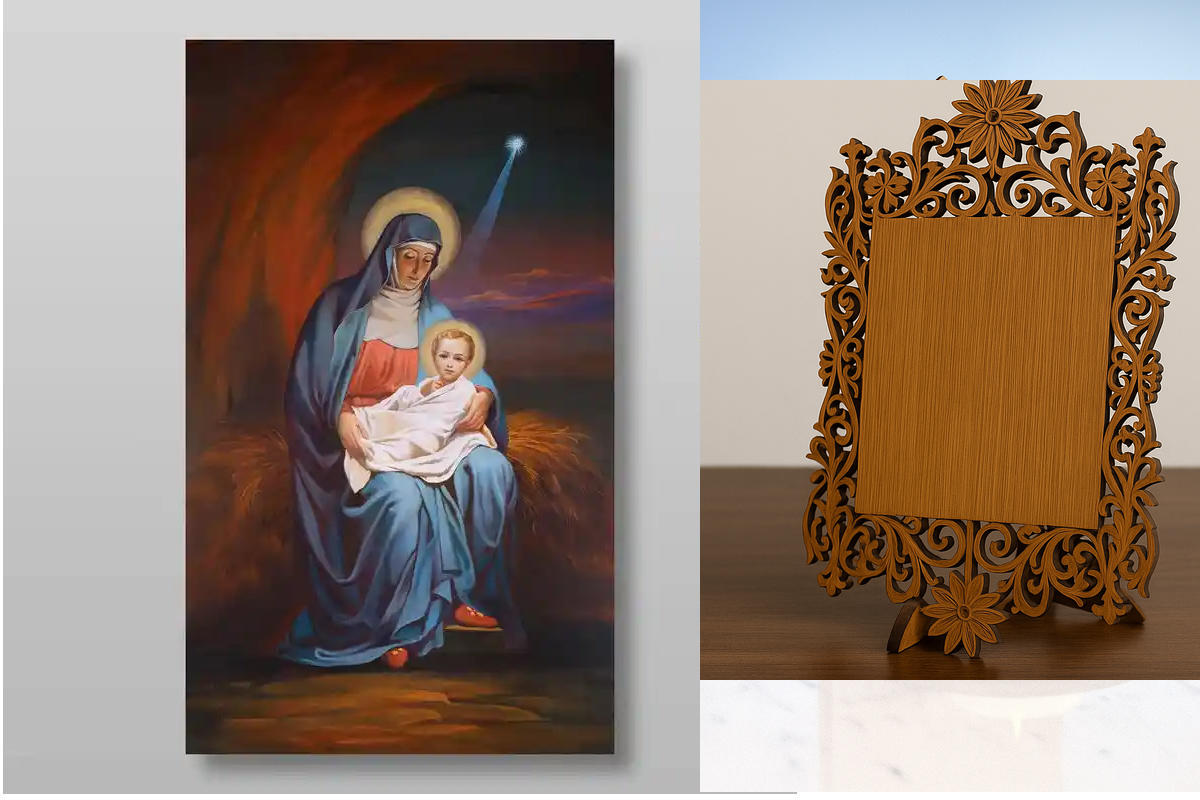 Σετ 2 τεμαχίων – Εικόνα Ορθοδοξίας Δαντέλα μαζι με  Βάση σε  8 χρώματα με περίγραμμα χρυσό σε ξύλο Plywood (Πλακάζ)   με  βάση Γέννηση του Ιησού Χριστού, Χειροποίητη Ελληνορθόδοξη , Κρεμαστή πλάκα βυζαντινής τέχνης, χριστιανική τέχνη Διάσταση 26x20 cm (10