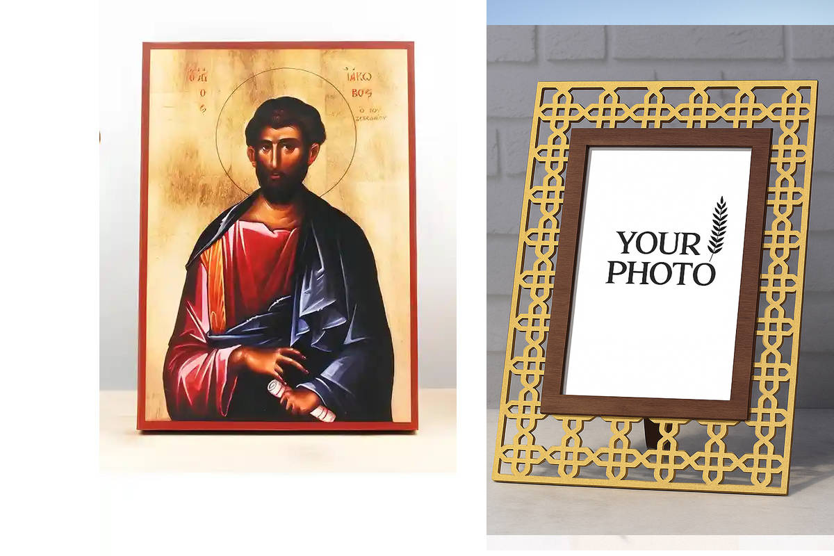 Εικόνα Ορθοδοξίας Πολυτελείας  με  σχεδιο Σταυρούς μαζι με  Βάση σε  8 χρώματα με περίγραμμα χρυσό σε ξύλο Plywood (Πλακάζ)   με  βάση Άγιος Απόστολος Ιάκωβος ο Μέγας γιος του Ζεβεδαίου, Ξύλινη Χειροποίητη Εικόνα Ελληνικής Κορυφαίας Βυζαντινής Στυλ Κρεμασ