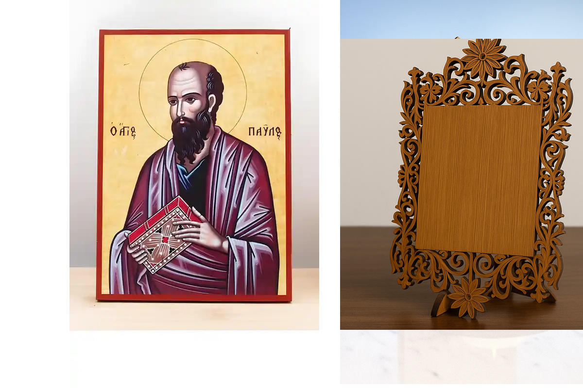Σετ 2 τεμαχίων – Εικόνα Ορθοδοξίας Δαντέλα μαζι με  Βάση σε  8 χρώματα με περίγραμμα χρυσό σε ξύλο Plywood (Πλακάζ)   με  βάση Άγιος Απόστολος Παύλος, Ξύλινη Χειροποίητη Εικόνα Ελληνικής Premium Βυζαντινού Στυλ Κρεμαστή σε ξύλινη πλάκα Θρησκευτικό θέμα Χε