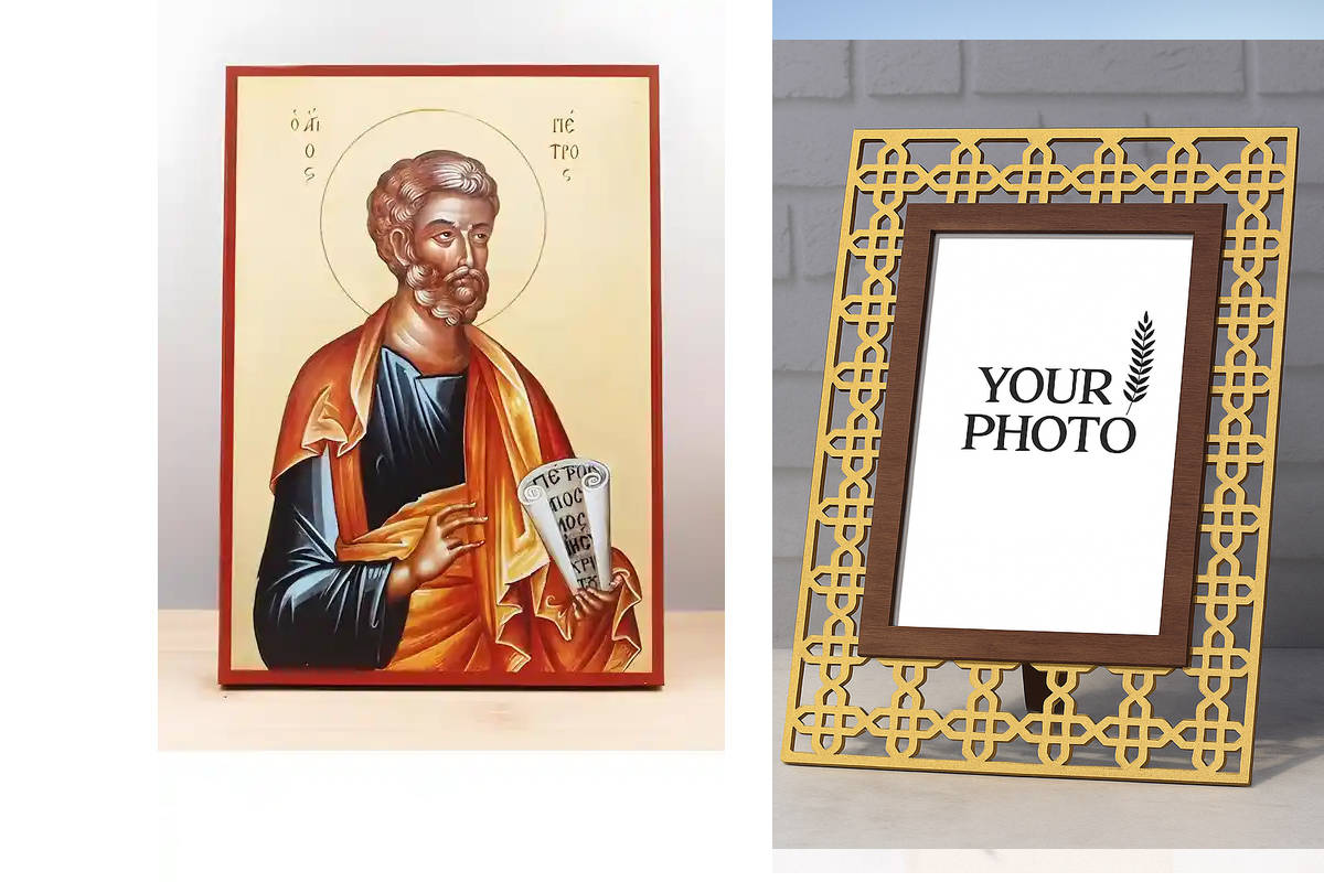 Εικόνα Ορθοδοξίας Πολυτελείας  με  σχεδιο Σταυρούς μαζι με  Βάση σε  8 χρώματα με περίγραμμα χρυσό σε ξύλο Plywood (Πλακάζ)   με  βάση Άγιος Απόστολος Πέτρος, Ξύλινη Χειροποίητη Εικόνα Ελληνικής Premium Βυζαντινού Στυλ Κρεμαστή σε ξύλινη πλάκα Θρησκευτικό