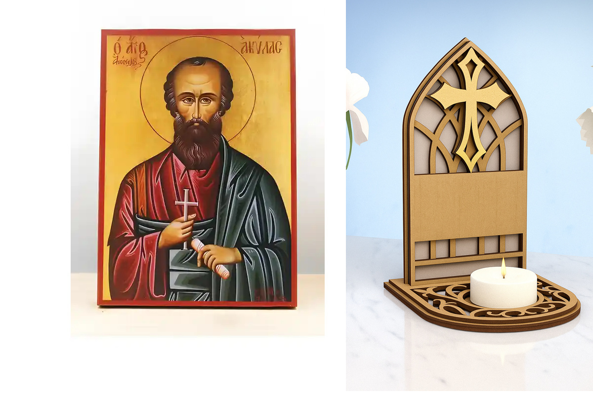Εικόνα Ορθοδοξίας Καντηλάκι σε  8 χρώματα με περίγραμμα χρυσό σε ξύλο Plywood (Πλακάζ)   με  βάση Άγιος Απόστολος Ακίλας, Ξύλινη Χειροποίητη Εικόνα Ελληνικού Premium Βυζαντινού Στυλ Κρεμαστή σε ξύλινη πλάκα Θρησκευτικό θέμα Χειροποίητη Ελληνορθόδοξη εικόν
