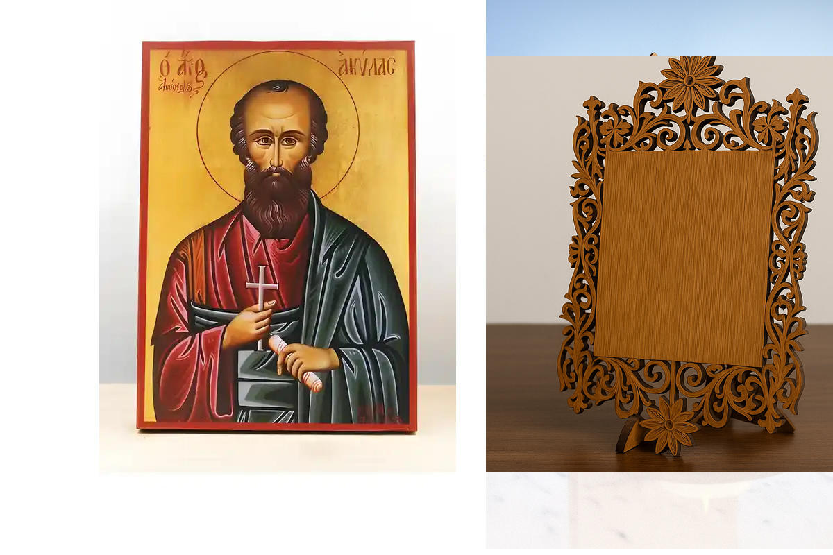 Εικόνα Ορθοδοξίας Δαντέλα μαζι με  Βάση σε  8 χρώματα με περίγραμμα χρυσό σε ξύλο Plywood (Πλακάζ)   με  βάση Άγιος Απόστολος Ακίλας, Ξύλινη Χειροποίητη Εικόνα Ελληνικού Premium Βυζαντινού Στυλ Κρεμαστή σε ξύλινη πλάκα Θρησκευτικό θέμα Χειροποίητη Ελληνορ