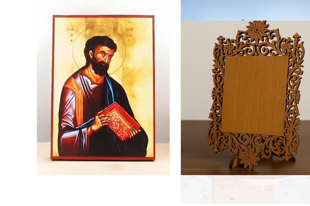 Σετ 2 τεμαχίων – Εικόνα Ορθοδοξίας Δαντέλα μαζι με  Βάση σε  8 χρώματα με περίγραμμα χρυσό σε ξύλο Plywood (Πλακάζ)   με  βάση Άγιος Απόστολος Μάρκος ο Ευαγγελιστής, Ξύλινη Χειροποίητη Εικόνα Ελληνικής Premium Βυζαντινού Στυλ Κρεμαστή σε ξύλινη πλάκα Θρησ