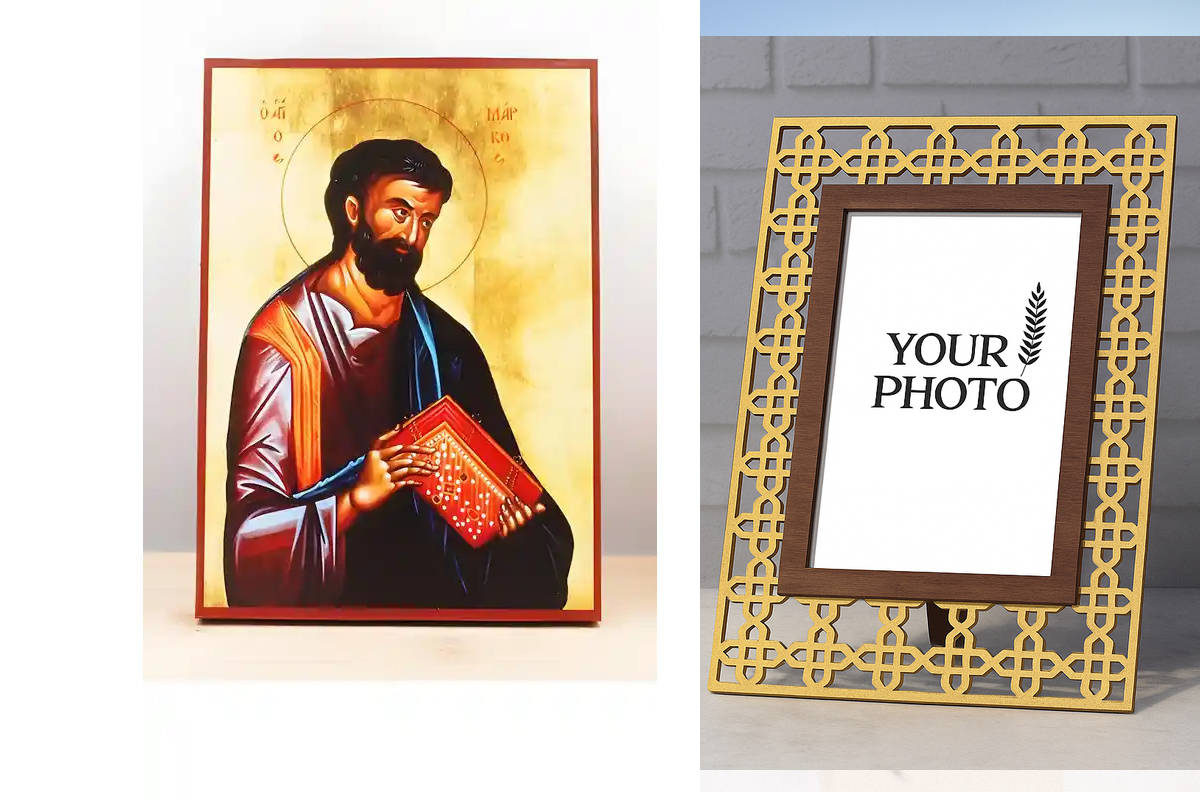 Εικόνα Ορθοδοξίας Πολυτελείας  με  σχεδιο Σταυρούς μαζι με  Βάση σε  8 χρώματα με περίγραμμα χρυσό σε ξύλο Plywood (Πλακάζ)   με  βάση Άγιος Απόστολος Μάρκος ο Ευαγγελιστής, Ξύλινη Χειροποίητη Εικόνα Ελληνικής Premium Βυζαντινού Στυλ Κρεμαστή σε ξύλινη πλ