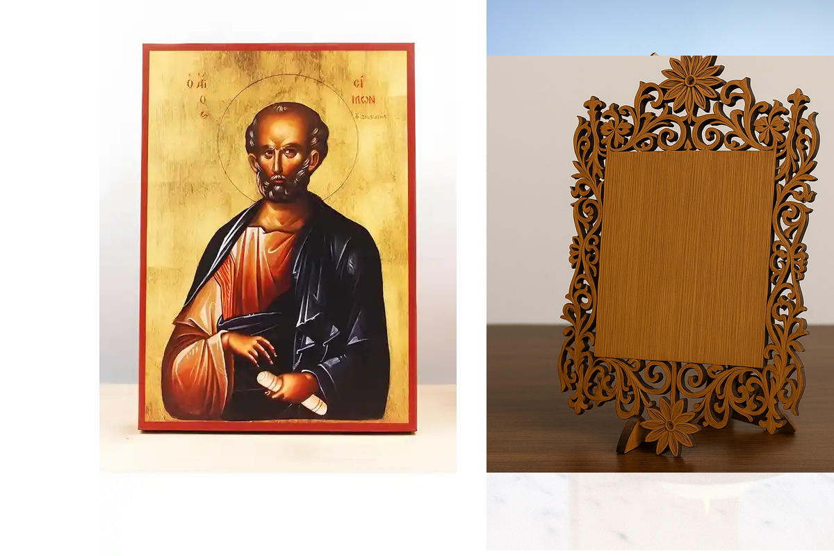 Εικόνα Ορθοδοξίας Δαντέλα μαζι με  Βάση σε  8 χρώματα με περίγραμμα χρυσό σε ξύλο Plywood (Πλακάζ)   με  βάση Άγιος Απόστολος Σίμων ο Ζηλωτής, Ξύλινη Χειροποίητη Εικόνα Ελληνικού Βυζαντινού Στυλ Κρεμαστή σε ξύλινη πλάκα Θρησκευτικό θέμα Χειροποίητη Ελληνο