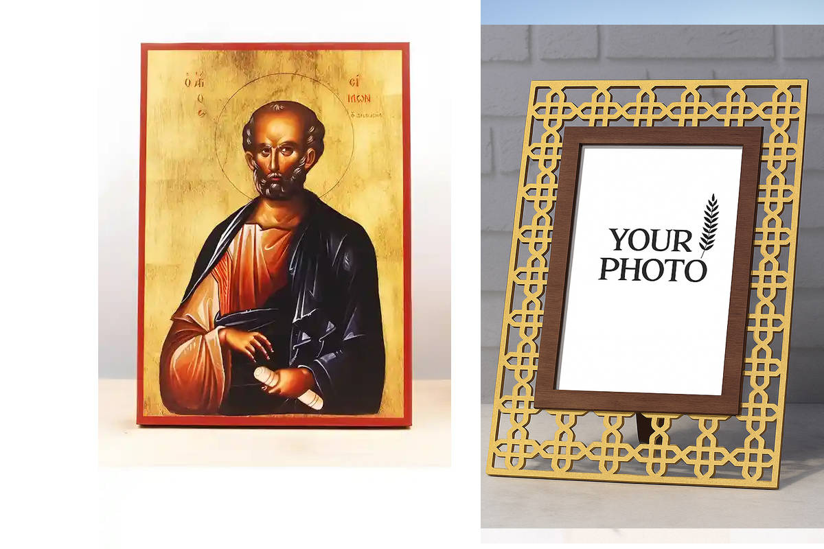 Εικόνα Ορθοδοξίας Πολυτελείας  με  σχεδιο Σταυρούς μαζι με  Βάση σε  8 χρώματα με περίγραμμα χρυσό σε ξύλο Plywood (Πλακάζ)   με  βάση Άγιος Απόστολος Σίμων ο Ζηλωτής, Ξύλινη Χειροποίητη Εικόνα Ελληνικού Βυζαντινού Στυλ Κρεμαστή σε ξύλινη πλάκα Θρησκευτικ