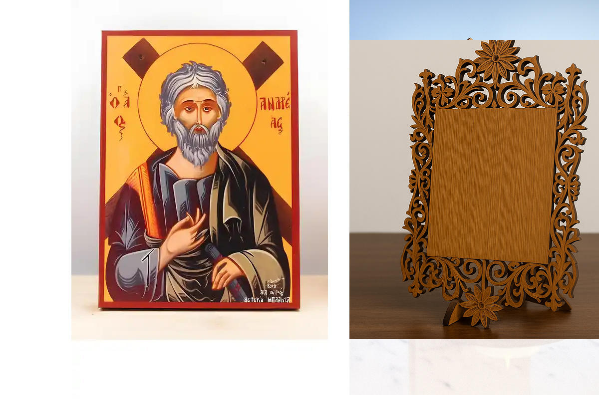 Σετ 2 τεμαχίων – Εικόνα Ορθοδοξίας Δαντέλα μαζι με  Βάση σε  8 χρώματα με περίγραμμα χρυσό σε ξύλο Plywood (Πλακάζ)   με  βάση Άγιος Απόστολος Ανδρέας ο Πρωτόκλητος, Ξύλινη Χειροποίητη Εικόνα Ελληνικής Premium Βυζαντινού Στυλ Κρεμαστή σε ξύλινη πλάκα Θρησ
