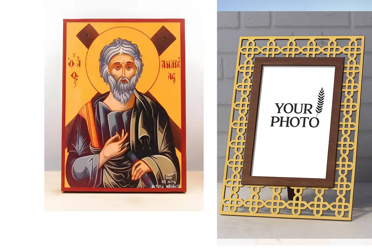 Εικόνα Ορθοδοξίας Πολυτελείας  με  σχεδιο Σταυρούς μαζι με  Βάση σε  8 χρώματα με περίγραμμα χρυσό σε ξύλο Plywood (Πλακάζ)   με  βάση Άγιος Απόστολος Ανδρέας ο Πρωτόκλητος, Ξύλινη Χειροποίητη Εικόνα Ελληνικής Premium Βυζαντινού Στυλ Κρεμαστή σε ξύλινη πλ