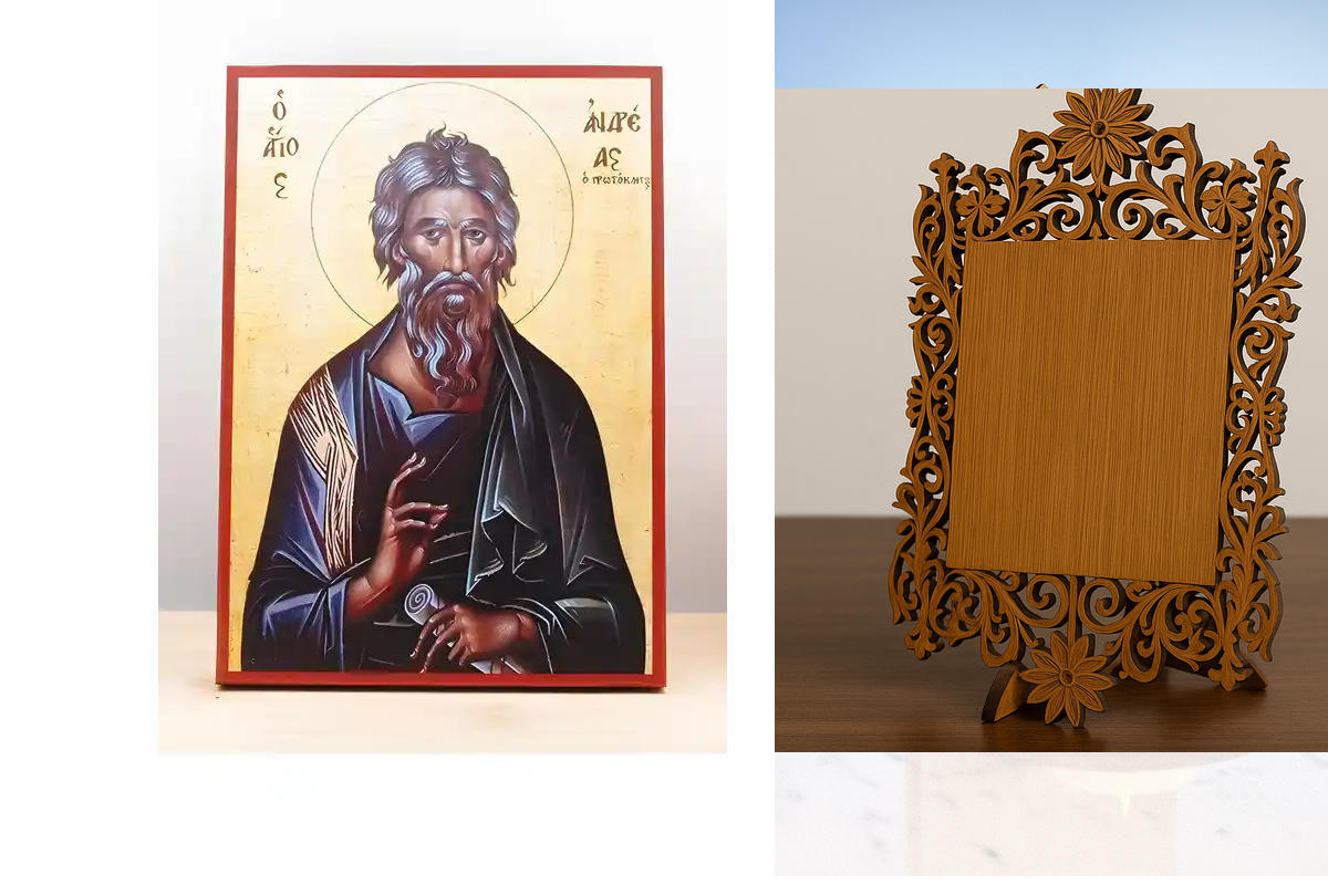 Εικόνα Ορθοδοξίας Δαντέλα μαζι με  Βάση σε  8 χρώματα με περίγραμμα χρυσό σε ξύλο Plywood (Πλακάζ)   με  βάση Άγιος Απόστολος Ανδρέας ο Πρωτόκλητος, Ξύλινη Χειροποίητη Εικόνα Ελληνικής Κορυφαίας Βυζαντινής Στυλ Κρεμαστή σε ξύλινη πλάκα Θρησκευτικό θέμα Χε