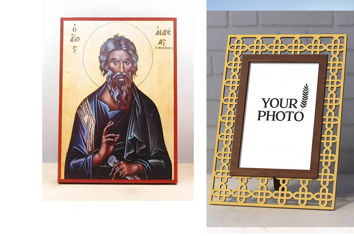 Εικόνα Ορθοδοξίας Πολυτελείας  με  σχεδιο Σταυρούς μαζι με  Βάση σε  8 χρώματα με περίγραμμα χρυσό σε ξύλο Plywood (Πλακάζ)   με  βάση Άγιος Απόστολος Ανδρέας ο Πρωτόκλητος, Ξύλινη Χειροποίητη Εικόνα Ελληνικής Κορυφαίας Βυζαντινής Στυλ Κρεμαστή σε ξύλινη