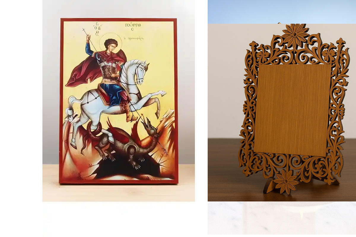 Σετ 2 τεμαχίων – Εικόνα Ορθοδοξίας Δαντέλα μαζι με  Βάση σε  8 χρώματα με περίγραμμα χρυσό σε ξύλο Plywood (Πλακάζ)   με  βάση Ο Άγιος Γεώργιος και ο Δράκος, Ξύλινη Χειροποίητη Εικόνα Ελληνικού Premium Βυζαντινού Στυλ Κρεμασμένο σε ξύλινη πλάκα Χειροποίητ