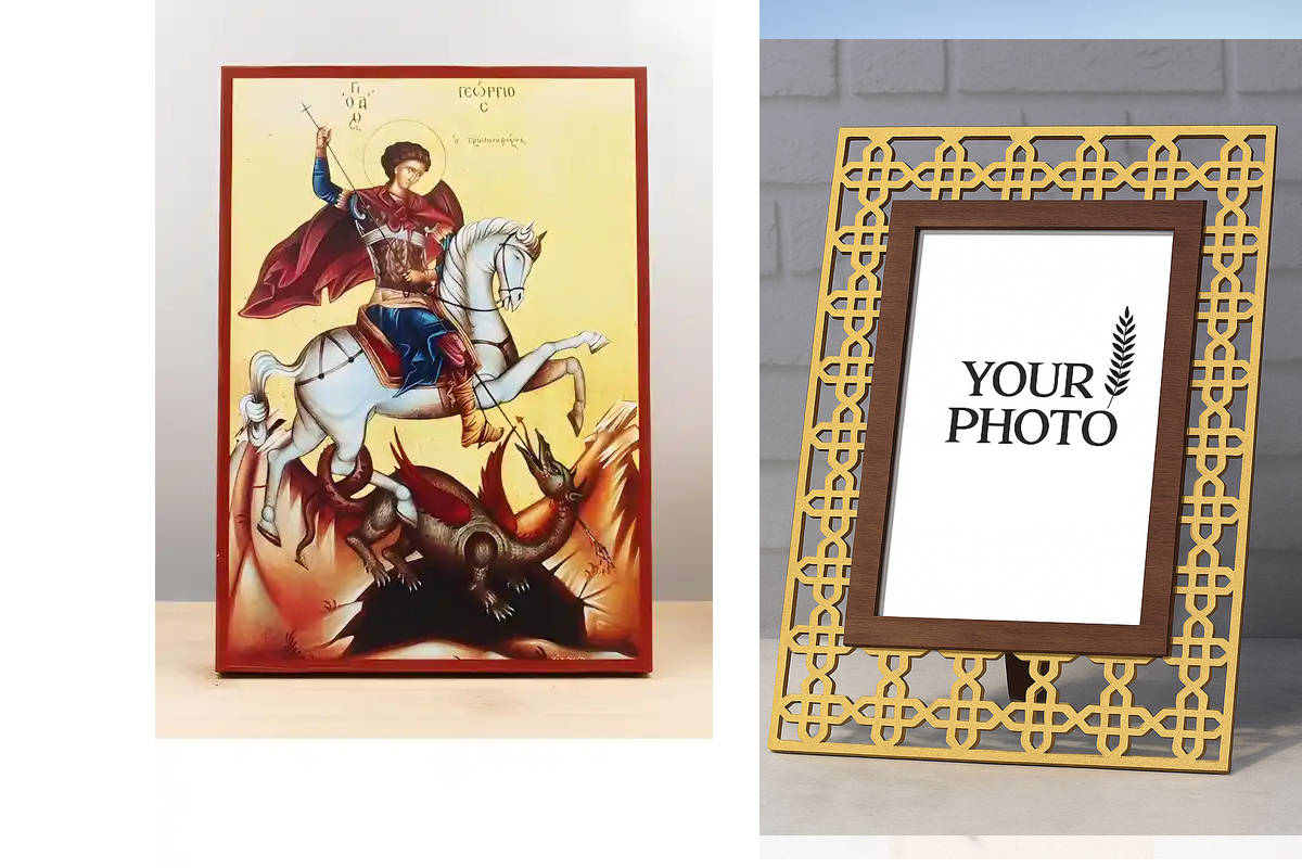 Εικόνα Ορθοδοξίας Πολυτελείας  με  σχεδιο Σταυρούς μαζι με  Βάση σε  8 χρώματα με περίγραμμα χρυσό σε ξύλο Plywood (Πλακάζ)   με  βάση Ο Άγιος Γεώργιος και ο Δράκος, Ξύλινη Χειροποίητη Εικόνα Ελληνικού Premium Βυζαντινού Στυλ Κρεμασμένο σε ξύλινη πλάκα Χε