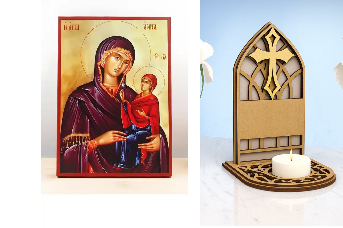 Σετ 2 τεμαχίων – Εικόνα Ορθοδοξίας Καντηλάκι σε  8 χρώματα με περίγραμμα χρυσό σε ξύλο Plywood (Πλακάζ)   με  βάση Αγία Άννα «Άννα» μητέρα της Παναγίας, Ξύλινη Χειροποίητη Εικόνα Ελληνικού Premium Βυζαντινού Στυλ Κρεμασμένη σε ξύλινη πλάκα Χειροποίητη Ελλ