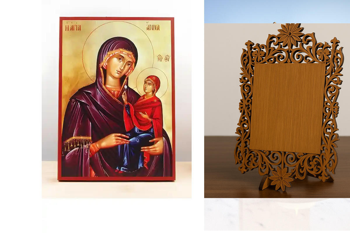 Εικόνα Ορθοδοξίας Δαντέλα μαζι με  Βάση σε  8 χρώματα με περίγραμμα χρυσό σε ξύλο Plywood (Πλακάζ)   με  βάση Αγία Άννα «Άννα» μητέρα της Παναγίας, Ξύλινη Χειροποίητη Εικόνα Ελληνικού Premium Βυζαντινού Στυλ Κρεμασμένη σε ξύλινη πλάκα Χειροποίητη Ελληνορθ