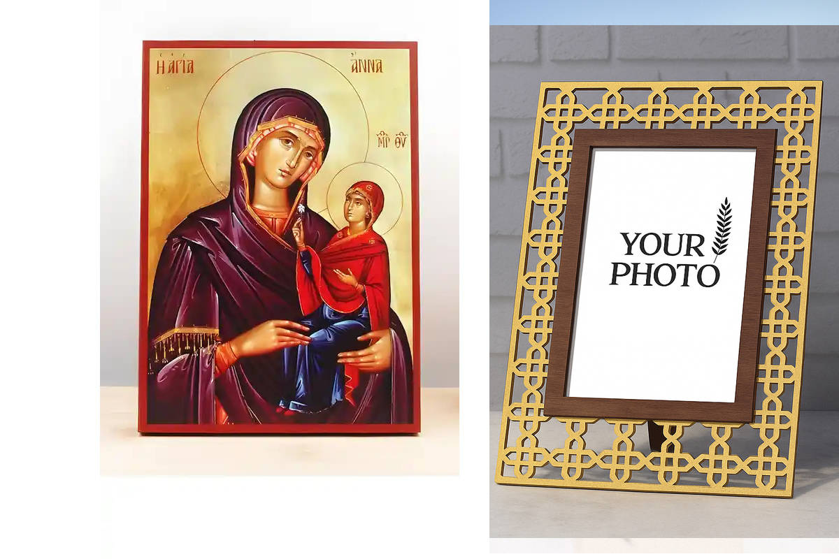 Εικόνα Ορθοδοξίας Πολυτελείας  με  σχεδιο Σταυρούς μαζι με  Βάση σε  8 χρώματα με περίγραμμα χρυσό σε ξύλο Plywood (Πλακάζ)   με  βάση Αγία Άννα «Άννα» μητέρα της Παναγίας, Ξύλινη Χειροποίητη Εικόνα Ελληνικού Premium Βυζαντινού Στυλ Κρεμασμένη σε ξύλινη π