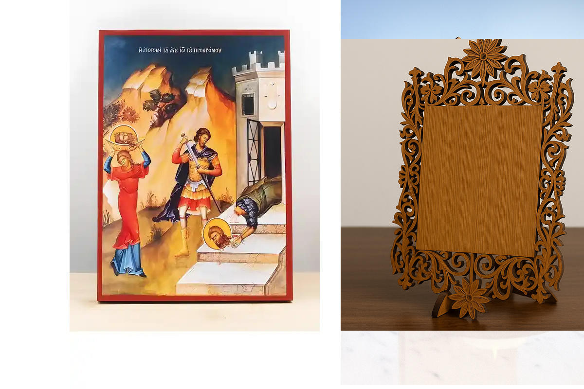 Εικόνα Ορθοδοξίας Δαντέλα μαζι με  Βάση σε  8 χρώματα με περίγραμμα χρυσό σε ξύλο Plywood (Πλακάζ)   με  βάση Ο αποκεφαλισμός του Αγίου Ιωάννη του Βαπτιστή, Ξύλινη Χειροποίητη Εικόνα Ελληνικού Premium Βυζαντινού Στυλ Κρεμασμένο σε ξύλινη πλάκα Θρησκευτικό