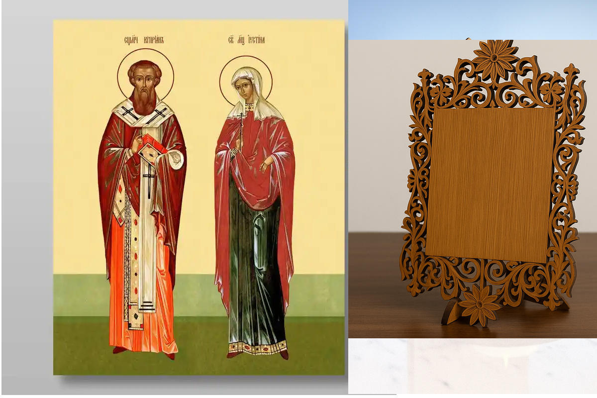 Εικόνα Ορθοδοξίας Δαντέλα μαζι με  Βάση σε  8 χρώματα με περίγραμμα χρυσό σε ξύλο Plywood (Πλακάζ)   με  βάση Κύπρια και Ιουστινία μάρτυρες, Χειροποίητη Ελληνορθόδοξη , Κρεμαστή πλάκα βυζαντινής τέχνης, χριστιανική τέχνη Διάσταση 40x30 cm (15,8 x 11,8 ίντ