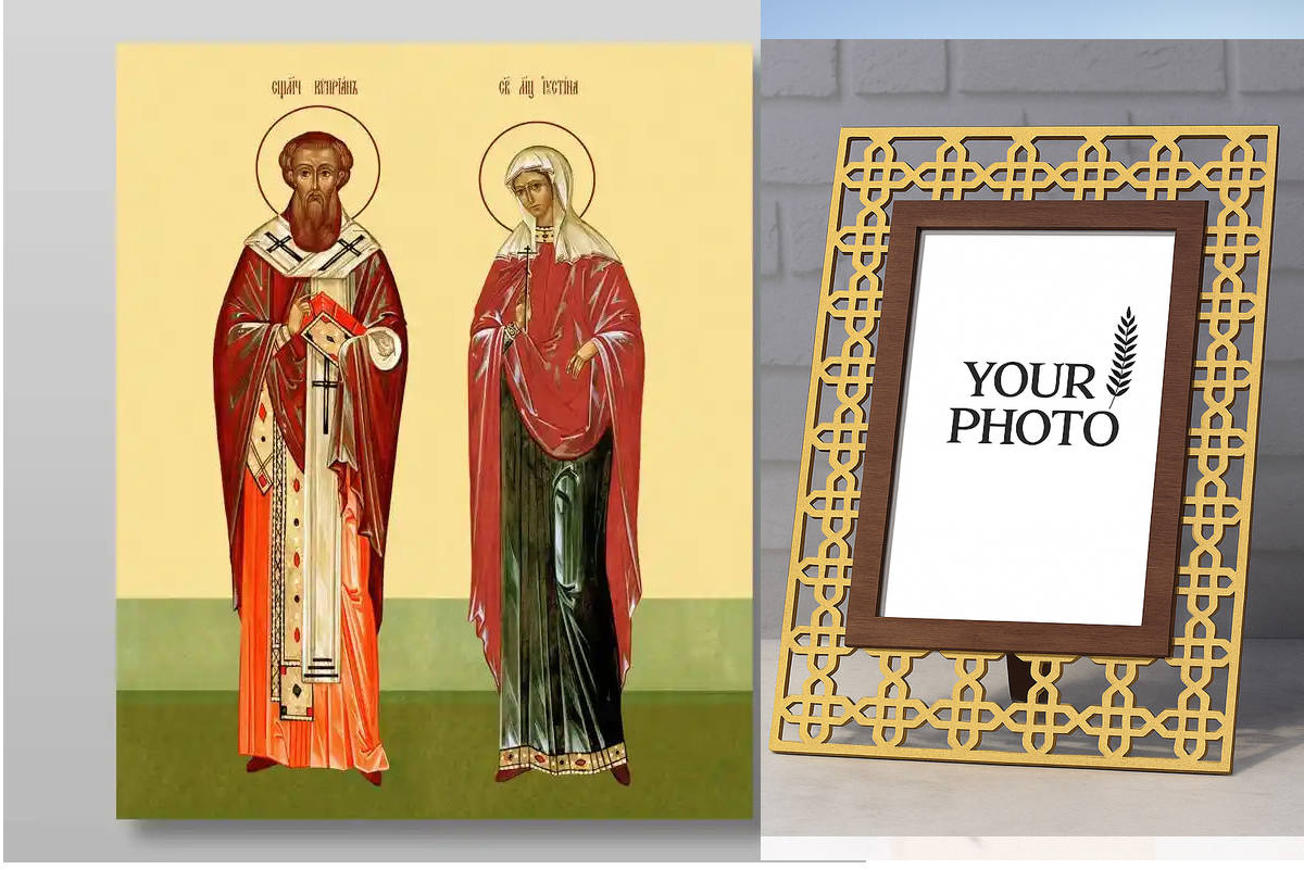 Εικόνα Ορθοδοξίας Πολυτελείας  με  σχεδιο Σταυρούς μαζι με  Βάση σε  8 χρώματα με περίγραμμα χρυσό σε ξύλο Plywood (Πλακάζ)   με  βάση Κύπρια και Ιουστινία μάρτυρες, Χειροποίητη Ελληνορθόδοξη , Κρεμαστή πλάκα βυζαντινής τέχνης, χριστιανική τέχνη Διάσταση