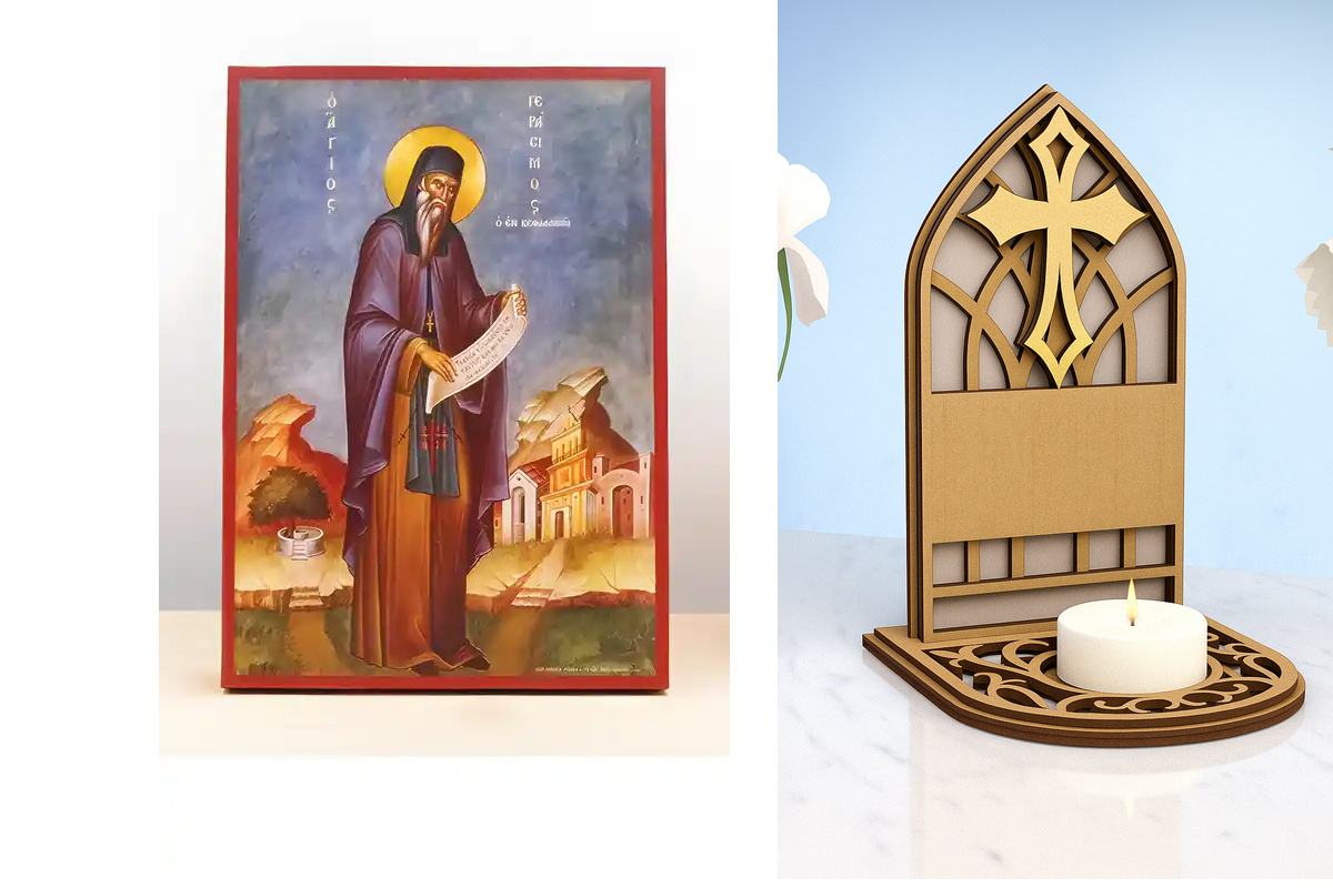 Εικόνα Ορθοδοξίας Καντηλάκι σε  8 χρώματα με περίγραμμα χρυσό σε ξύλο Plywood (Πλακάζ)   με  βάση Άγιος Γεράσιμος Κεφαλονίτης Ολόσωμος, Ξύλινη Χειροποίητη Εικόνα Ελληνικού Premium Βυζαντινού Στυλ Κρεμαστή σε ξύλινη πλάκα Θρησκευτικό θέμα Χειροποίητη Ελλην