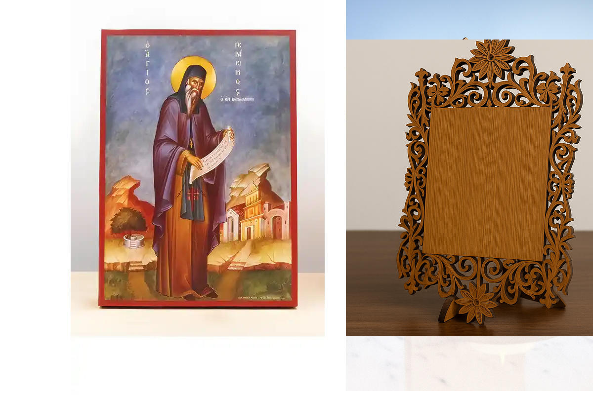 Εικόνα Ορθοδοξίας Δαντέλα μαζι με  Βάση σε  8 χρώματα με περίγραμμα χρυσό σε ξύλο Plywood (Πλακάζ)   με  βάση Άγιος Γεράσιμος Κεφαλονίτης Ολόσωμος, Ξύλινη Χειροποίητη Εικόνα Ελληνικού Premium Βυζαντινού Στυλ Κρεμαστή σε ξύλινη πλάκα Θρησκευτικό θέμα Χειρο