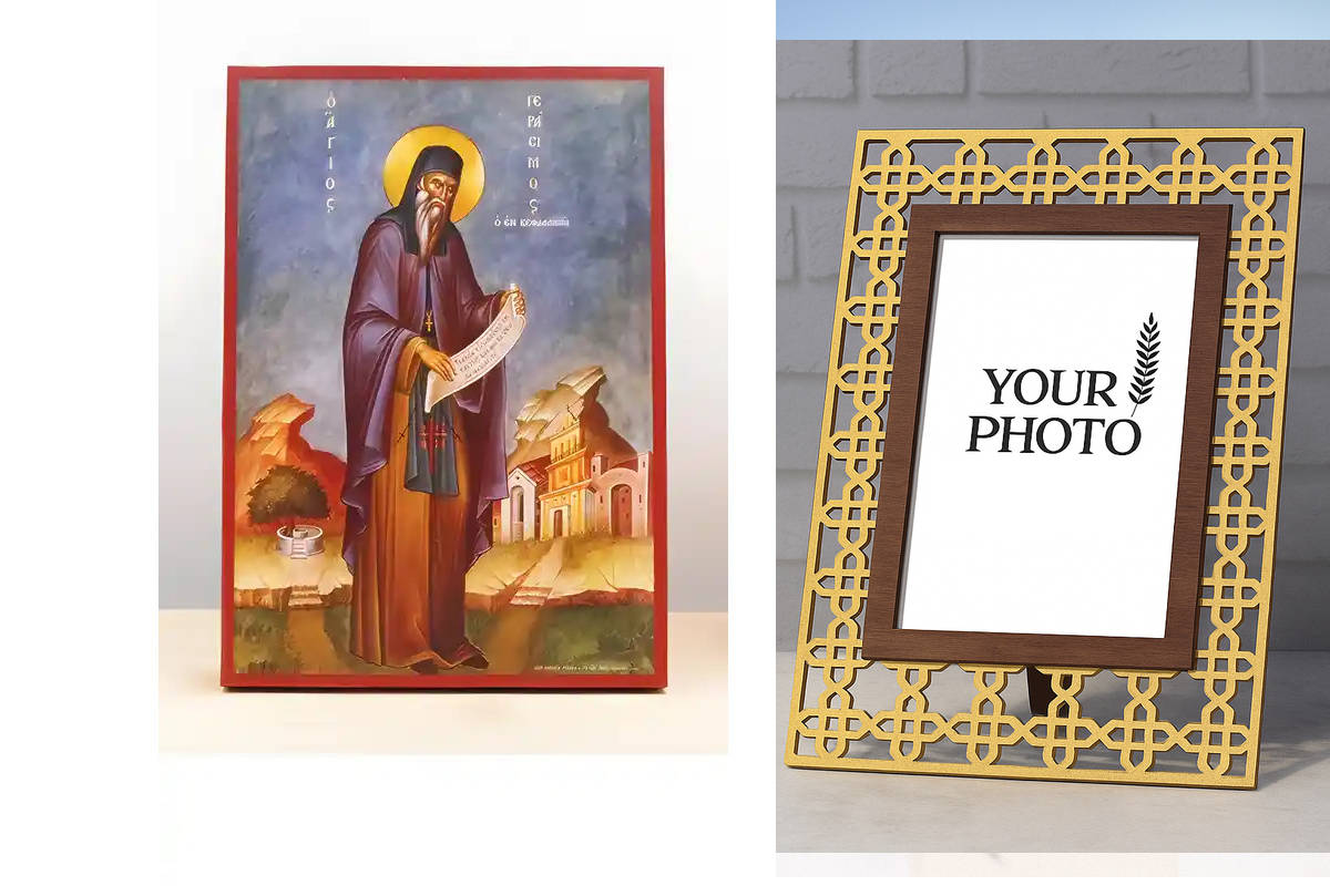 Εικόνα Ορθοδοξίας Πολυτελείας  με  σχεδιο Σταυρούς μαζι με  Βάση σε  8 χρώματα με περίγραμμα χρυσό σε ξύλο Plywood (Πλακάζ)   με  βάση Άγιος Γεράσιμος Κεφαλονίτης Ολόσωμος, Ξύλινη Χειροποίητη Εικόνα Ελληνικού Premium Βυζαντινού Στυλ Κρεμαστή σε ξύλινη πλά