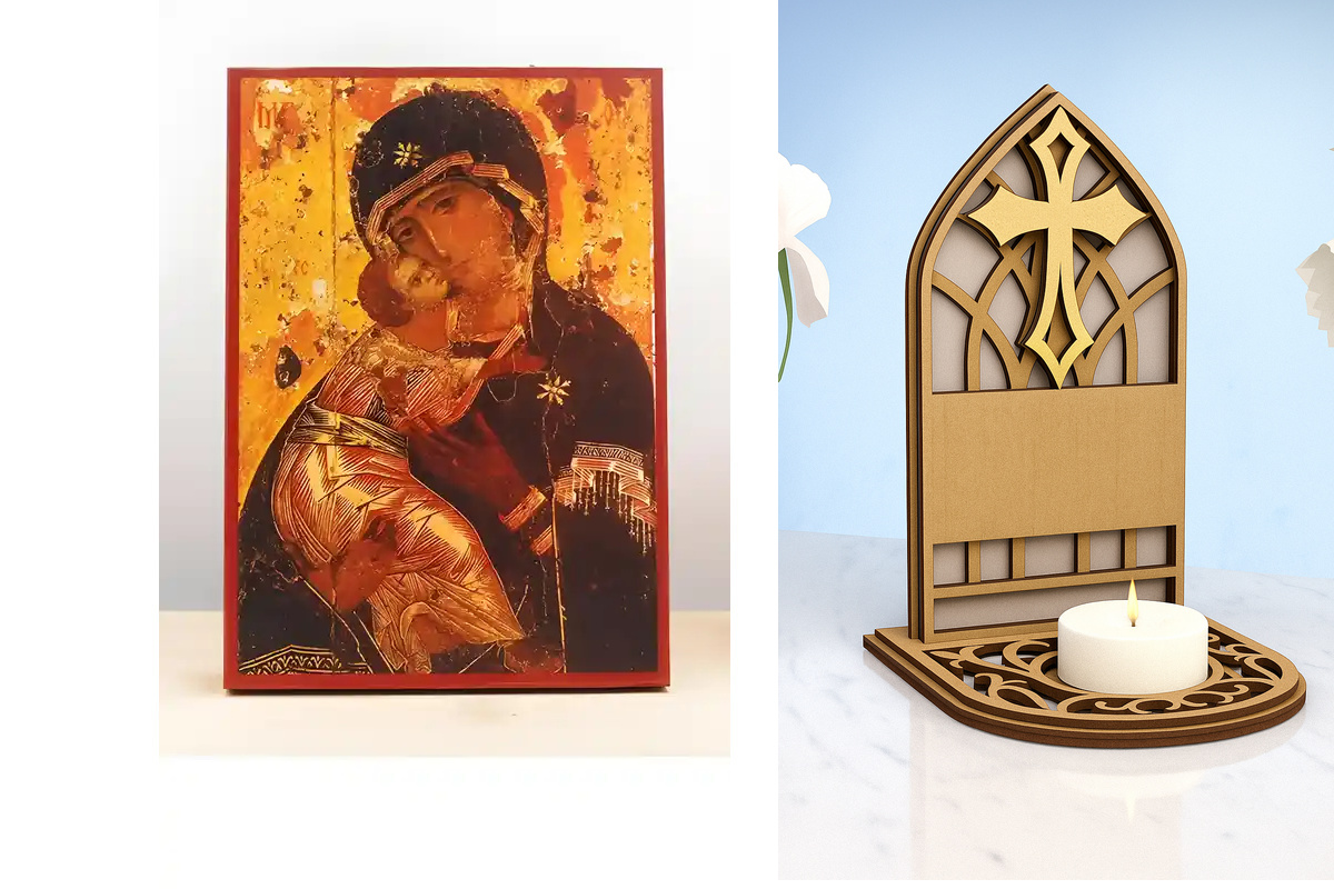 Εικόνα Ορθοδοξίας Καντηλάκι σε  8 χρώματα με περίγραμμα χρυσό σε ξύλο Plywood (Πλακάζ)   με  βάση Παναγία του Βλαδίμηρου με τον Ιησού, Ξύλινη Χειροποίητη Εικόνα Ελληνικού Βυζαντινού Στυλ τοίχου Κρεμασμένη σε ξύλινη πλάκα Θρησκευτικό θέμα Χειροποίητη Ελλην