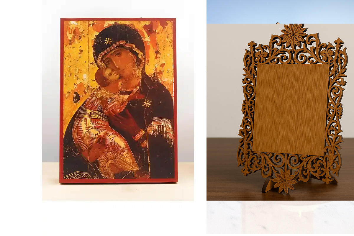 Εικόνα Ορθοδοξίας Δαντέλα μαζι με  Βάση σε  8 χρώματα με περίγραμμα χρυσό σε ξύλο Plywood (Πλακάζ)   με  βάση Παναγία του Βλαδίμηρου με τον Ιησού, Ξύλινη Χειροποίητη Εικόνα Ελληνικού Βυζαντινού Στυλ τοίχου Κρεμασμένη σε ξύλινη πλάκα Θρησκευτικό θέμα Χειρο