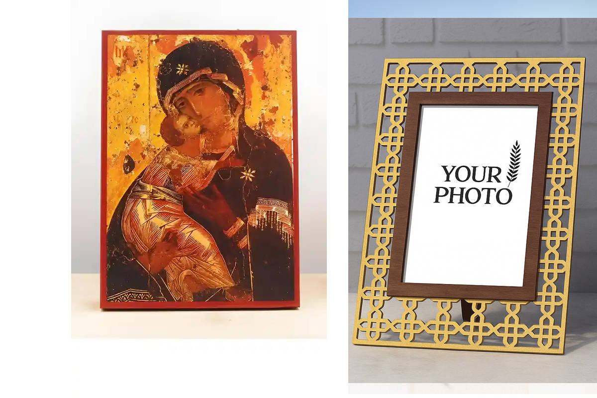 Εικόνα Ορθοδοξίας Πολυτελείας  με  σχεδιο Σταυρούς μαζι με  Βάση σε  8 χρώματα με περίγραμμα χρυσό σε ξύλο Plywood (Πλακάζ)   με  βάση Παναγία του Βλαδίμηρου με τον Ιησού, Ξύλινη Χειροποίητη Εικόνα Ελληνικού Βυζαντινού Στυλ τοίχου Κρεμασμένη σε ξύλινη πλά