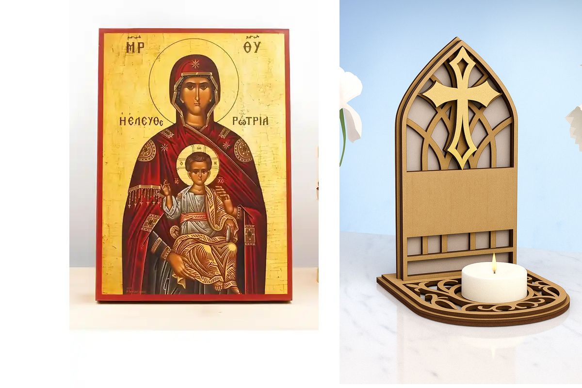 Εικόνα Ορθοδοξίας Καντηλάκι σε  8 χρώματα με περίγραμμα χρυσό σε ξύλο Plywood (Πλακάζ)   με  βάση Παναγία Ελευθερώτρια «Ελευθερώτρια» με τον Ιησού, Ξύλινη Χειροποίητη Εικόνα Ελληνικού Βυζαντινού Στυλ Αριστερά Κρεμασμένη σε ξύλινη πλάκα Χειροποίητη Ελληνορ