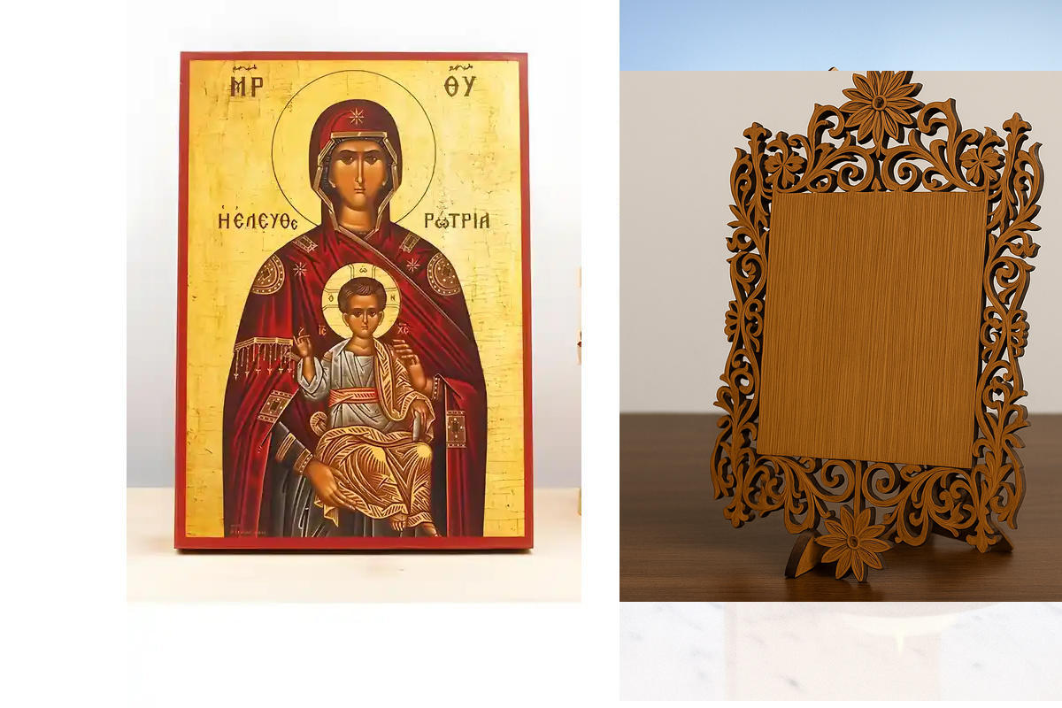 Εικόνα Ορθοδοξίας Δαντέλα μαζι με  Βάση σε  8 χρώματα με περίγραμμα χρυσό σε ξύλο Plywood (Πλακάζ)   με  βάση Παναγία Ελευθερώτρια «Ελευθερώτρια» με τον Ιησού, Ξύλινη Χειροποίητη Εικόνα Ελληνικού Βυζαντινού Στυλ Αριστερά Κρεμασμένη σε ξύλινη πλάκα Χειροπο