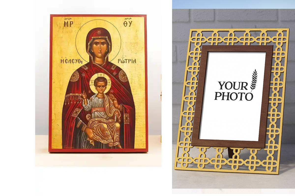 Εικόνα Ορθοδοξίας Πολυτελείας  με  σχεδιο Σταυρούς μαζι με  Βάση σε  8 χρώματα με περίγραμμα χρυσό σε ξύλο Plywood (Πλακάζ)   με  βάση Παναγία Ελευθερώτρια «Ελευθερώτρια» με τον Ιησού, Ξύλινη Χειροποίητη Εικόνα Ελληνικού Βυζαντινού Στυλ Αριστερά Κρεμασμέν