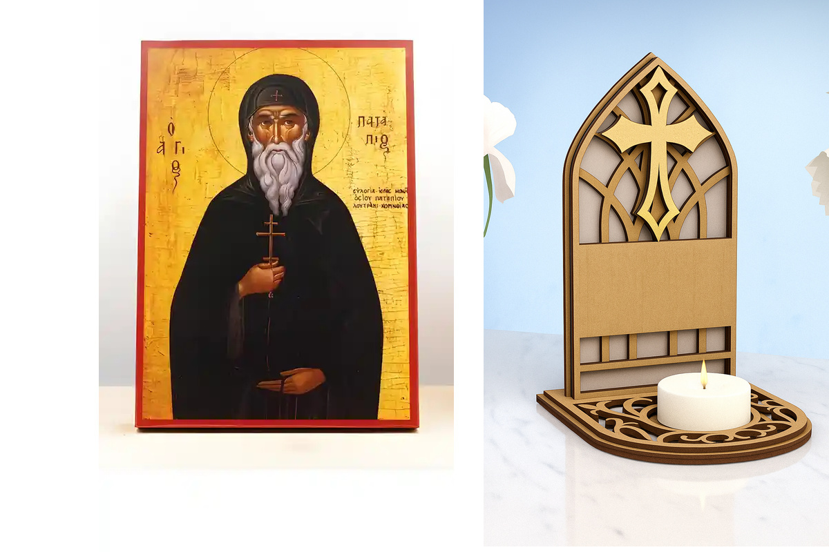 Εικόνα Ορθοδοξίας Καντηλάκι σε  8 χρώματα με περίγραμμα χρυσό σε ξύλο Plywood (Πλακάζ)   με  βάση Άγιος Πατάπιος Θηβών, Ξύλινη Χειροποίητη Εικόνα Ελληνικού Premium Βυζαντινού Στυλ Κρεμαστή σε ξύλινη πλάκα Θρησκευτικό θέμα Χειροποίητη Ελληνορθόδοξη εικόνα