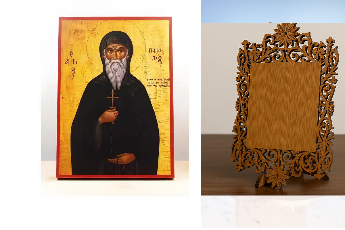 Εικόνα Ορθοδοξίας Δαντέλα μαζι με  Βάση σε  8 χρώματα με περίγραμμα χρυσό σε ξύλο Plywood (Πλακάζ)   με  βάση Άγιος Πατάπιος Θηβών, Ξύλινη Χειροποίητη Εικόνα Ελληνικού Premium Βυζαντινού Στυλ Κρεμαστή σε ξύλινη πλάκα Θρησκευτικό θέμα Χειροποίητη Ελληνορθό