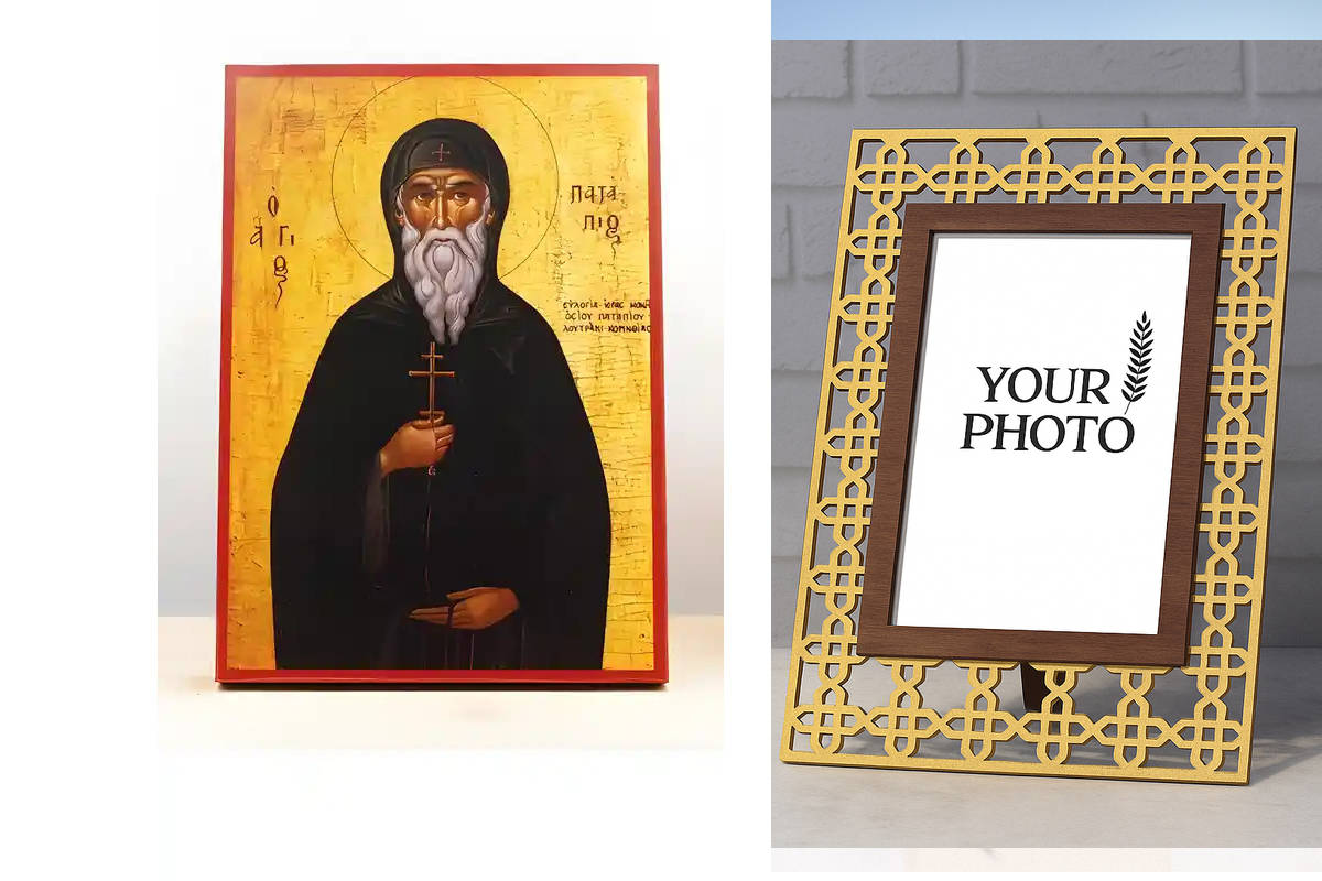 Εικόνα Ορθοδοξίας Πολυτελείας  με  σχεδιο Σταυρούς μαζι με  Βάση σε  8 χρώματα με περίγραμμα χρυσό σε ξύλο Plywood (Πλακάζ)   με  βάση Άγιος Πατάπιος Θηβών, Ξύλινη Χειροποίητη Εικόνα Ελληνικού Premium Βυζαντινού Στυλ Κρεμαστή σε ξύλινη πλάκα Θρησκευτικό θ