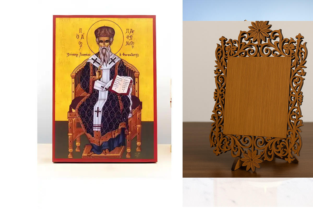 Εικόνα Ορθοδοξίας Δαντέλα μαζι με  Βάση σε  8 χρώματα με περίγραμμα χρυσό σε ξύλο Plywood (Πλακάζ)   με  βάση Άγιος Παρθένιος Επίσκοπος Λαμψάκου, Ξύλινη Χειροποίητη Εικόνα Ελληνικού Βυζαντινού Στυλ Κρεμαστή σε ξύλινη πλάκα Θρησκευτικό Θέμα Χειροποίητη Ελλ