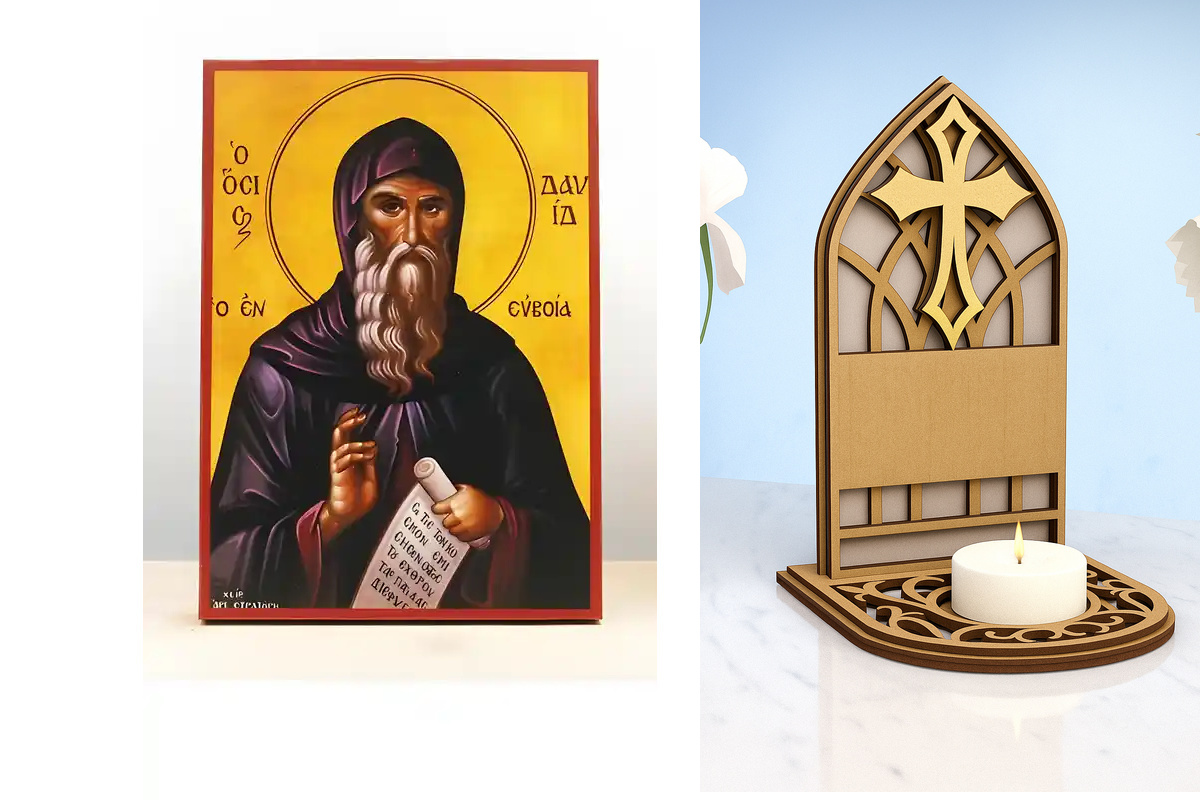 Εικόνα Ορθοδοξίας Καντηλάκι σε  8 χρώματα με περίγραμμα χρυσό σε ξύλο Plywood (Πλακάζ)   με  βάση Άγιος Δαυίδ της Ευβοίας, Ξύλινη Χειροποίητη Εικόνα Ελληνικού Premium Βυζαντινού Στυλ Κρεμαστή σε ξύλινη πλάκα Θρησκευτικό θέμα Χειροποίητη Ελληνορθόδοξη εικό