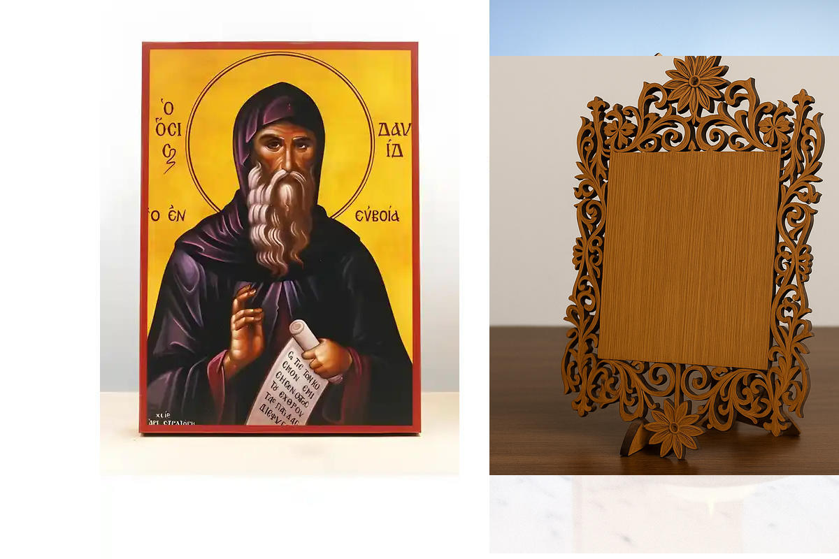 Εικόνα Ορθοδοξίας Δαντέλα μαζι με  Βάση σε  8 χρώματα με περίγραμμα χρυσό σε ξύλο Plywood (Πλακάζ)   με  βάση Άγιος Δαυίδ της Ευβοίας, Ξύλινη Χειροποίητη Εικόνα Ελληνικού Premium Βυζαντινού Στυλ Κρεμαστή σε ξύλινη πλάκα Θρησκευτικό θέμα Χειροποίητη Ελληνο