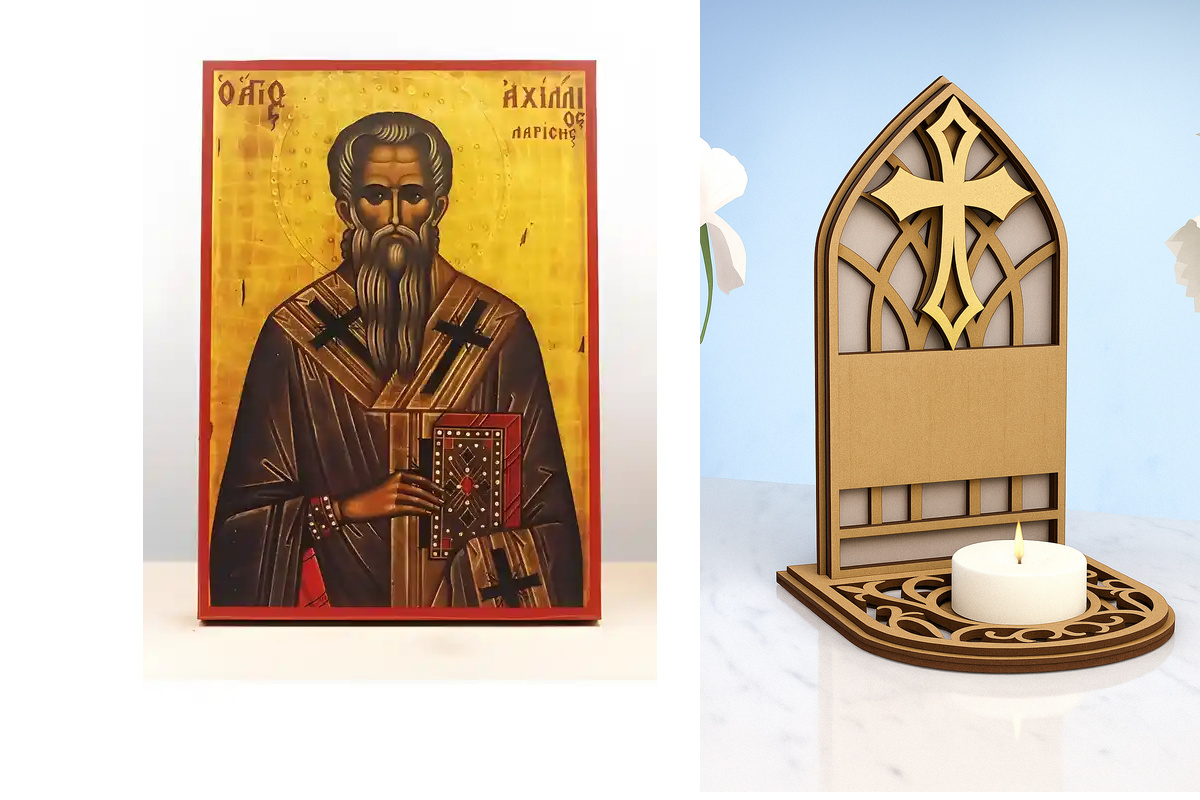 Εικόνα Ορθοδοξίας Καντηλάκι σε  8 χρώματα με περίγραμμα χρυσό σε ξύλο Plywood (Πλακάζ)   με  βάση Άγιος Αχιλλέας "Αχίλλειος" Λάρισας, Ξύλινη Χειροποίητη Εικόνα Ελληνικού Βυζαντινού Στυλ Κρεμαστή σε ξύλινη πλάκα Θρησκευτικό Θέμα Χειροποίητη Ελληνορθόδοξη ε