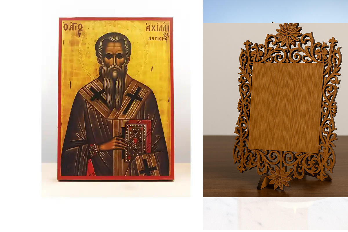 Εικόνα Ορθοδοξίας Δαντέλα μαζι με  Βάση σε  8 χρώματα με περίγραμμα χρυσό σε ξύλο Plywood (Πλακάζ)   με  βάση Άγιος Αχιλλέας "Αχίλλειος" Λάρισας, Ξύλινη Χειροποίητη Εικόνα Ελληνικού Βυζαντινού Στυλ Κρεμαστή σε ξύλινη πλάκα Θρησκευτικό Θέμα Χειροποίητη Ελλ