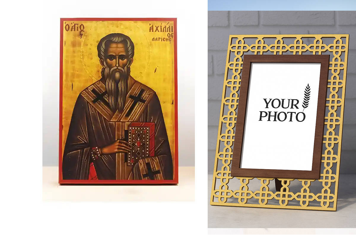 Εικόνα Ορθοδοξίας Πολυτελείας  με  σχεδιο Σταυρούς μαζι με  Βάση σε  8 χρώματα με περίγραμμα χρυσό σε ξύλο Plywood (Πλακάζ)   με  βάση Άγιος Αχιλλέας "Αχίλλειος" Λάρισας, Ξύλινη Χειροποίητη Εικόνα Ελληνικού Βυζαντινού Στυλ Κρεμαστή σε ξύλινη πλάκα Θρησκευ