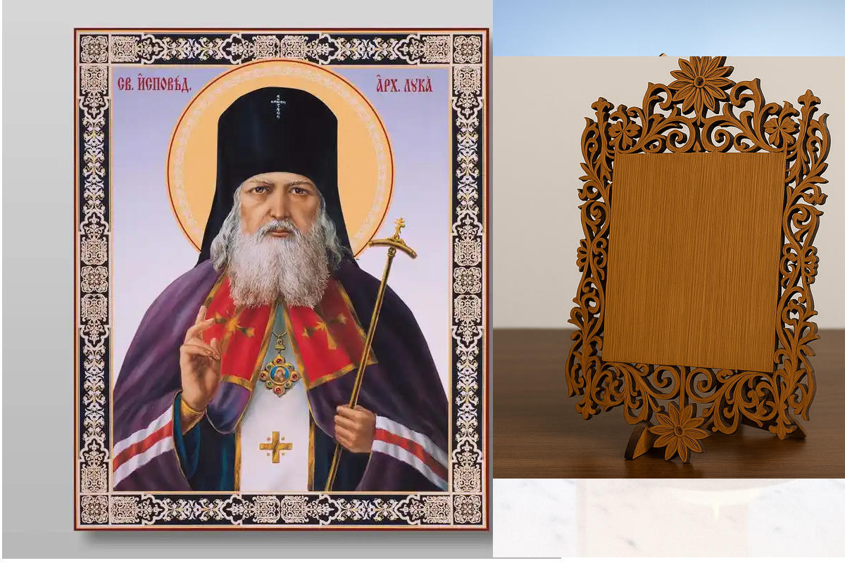 Σετ 2 τεμαχίων – Εικόνα Ορθοδοξίας Δαντέλα μαζι με  Βάση σε  8 χρώματα με περίγραμμα χρυσό σε ξύλο Plywood (Πλακάζ)   με  βάση Άγιος Λούκα (Βοινό-Γιασενέτσκι), Χειροποίητη Ελληνορθόδοξη , Κρεμαστή πλάκα βυζαντινής τέχνης, χριστιανική τέχνη Διάσταση 21x15