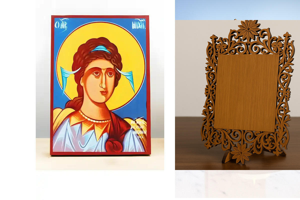 Εικόνα Ορθοδοξίας Δαντέλα μαζι με  Βάση σε  8 χρώματα με περίγραμμα χρυσό σε ξύλο Plywood (Πλακάζ)   με  βάση Αρχάγγελος Μιχαήλ, Ξύλινη Χειροποίητη Εικόνα Ελληνικού Premium Βυζαντινού Στυλ Κρεμασμένο σε ξύλινη πλάκα Θρησκευτικό θέμα Χειροποίητη Ελληνορθόδ