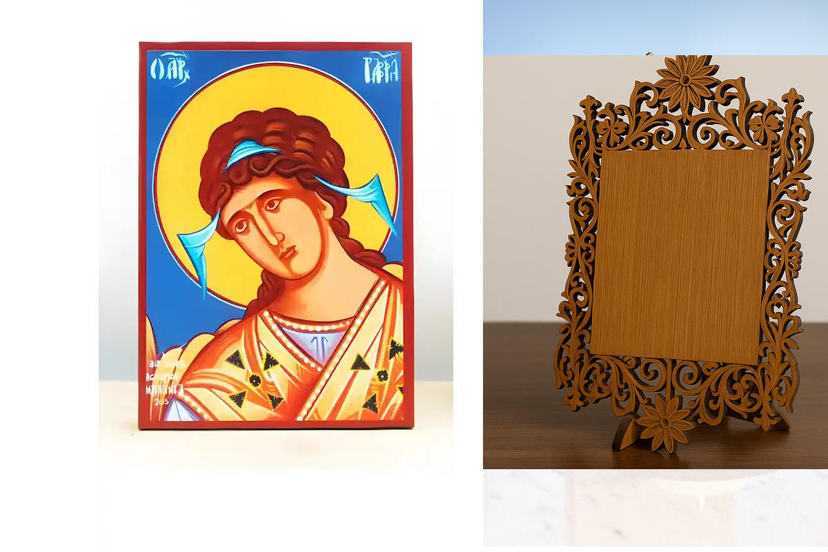 Εικόνα Ορθοδοξίας Δαντέλα μαζι με  Βάση σε  8 χρώματα με περίγραμμα χρυσό σε ξύλο Plywood (Πλακάζ)   με  βάση Αρχάγγελος Γαβριήλ, Ξύλινη Χειροποίητη Εικόνα Ελληνικού Premium Βυζαντινού Στυλ Κρεμαστή σε ξύλινη πλάκα Θρησκευτικό θέμα Χειροποίητη Ελληνορθόδο