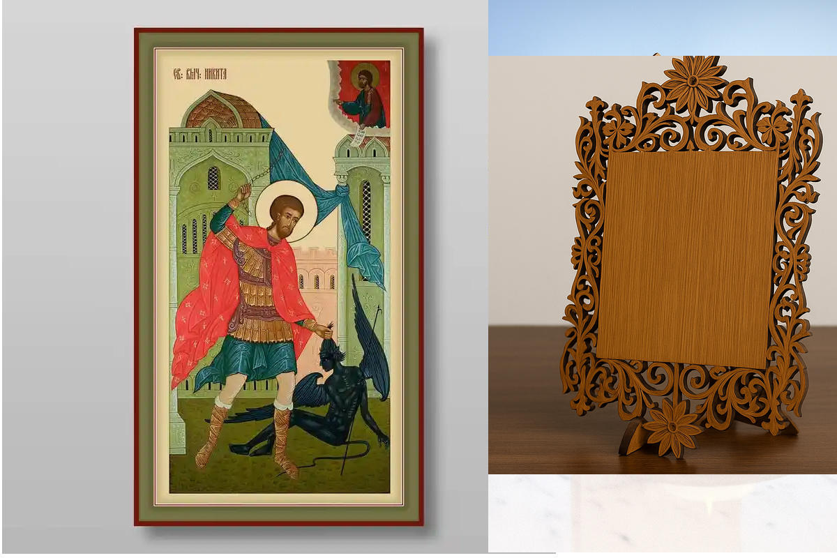 Σετ 2 τεμαχίων – Εικόνα Ορθοδοξίας Δαντέλα μαζι με  Βάση σε  8 χρώματα με περίγραμμα χρυσό σε ξύλο Plywood (Πλακάζ)   με  βάση Νικήτα μάρτυρας, Χειροποίητη Ελληνορθόδοξη , Κρεμαστή πλάκα βυζαντινής τέχνης, χριστιανική τέχνη Διάσταση 21x15 cm (8,3 x 5,9 ίν