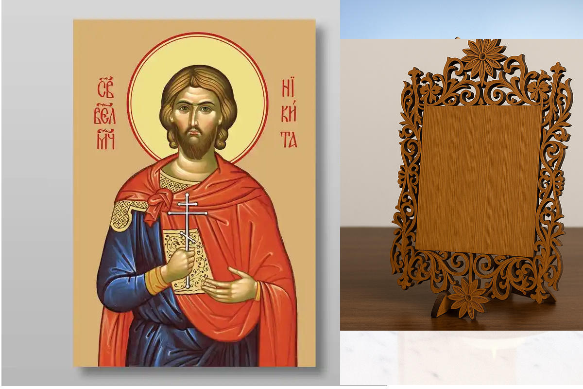 Εικόνα Ορθοδοξίας Δαντέλα μαζι με  Βάση σε  8 χρώματα με περίγραμμα χρυσό σε ξύλο Plywood (Πλακάζ)   με  βάση Νικήτα μάρτυρας, Χειροποίητη Ελληνορθόδοξη , Κρεμαστή πλάκα βυζαντινής τέχνης, χριστιανική τέχνη Διάσταση 10x7 cm (3,9 x 2,8 ίντσες) INTRAEKkadro